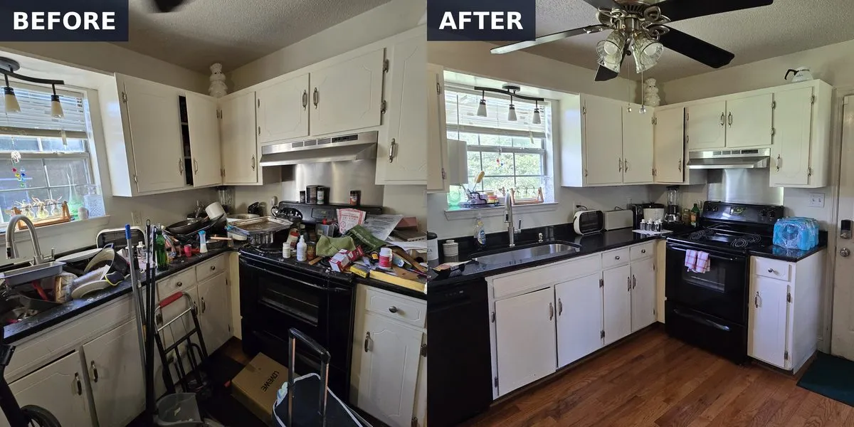 Kitchen — before and after, same day